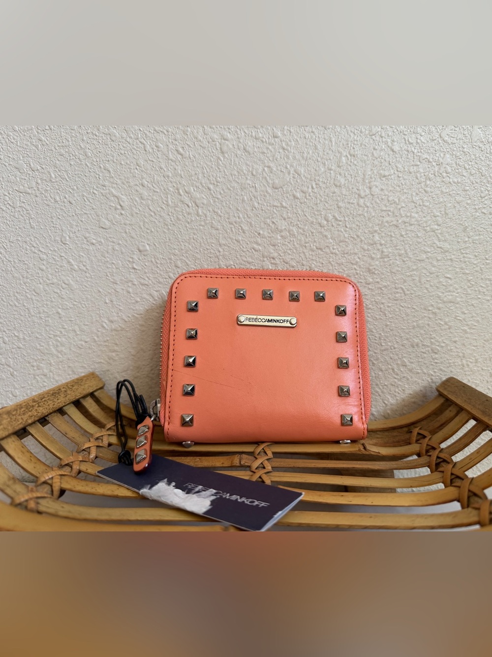 Rebecca Minkoff Coral Pink Leather Studded Zip Around Bifold Wallet w/ Tag